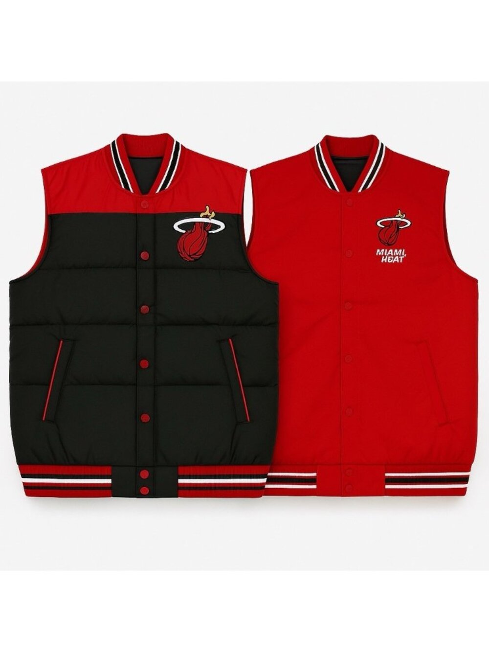 Miami Heat Mens Large Reversible Puffer Vest Black Red JH Design NBA Snap Button